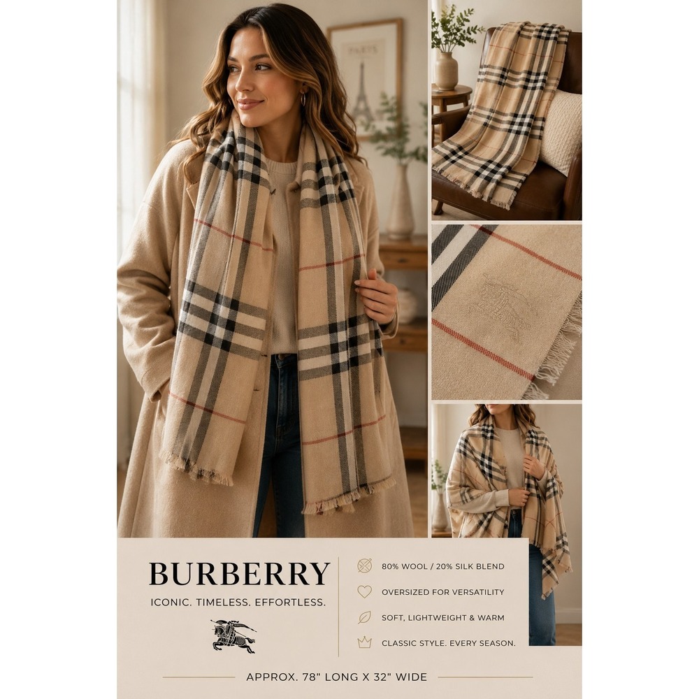 Burberry Nova Check Oversized Wool Silk Scarf Shawl 80% Wool 20% Silk Italy